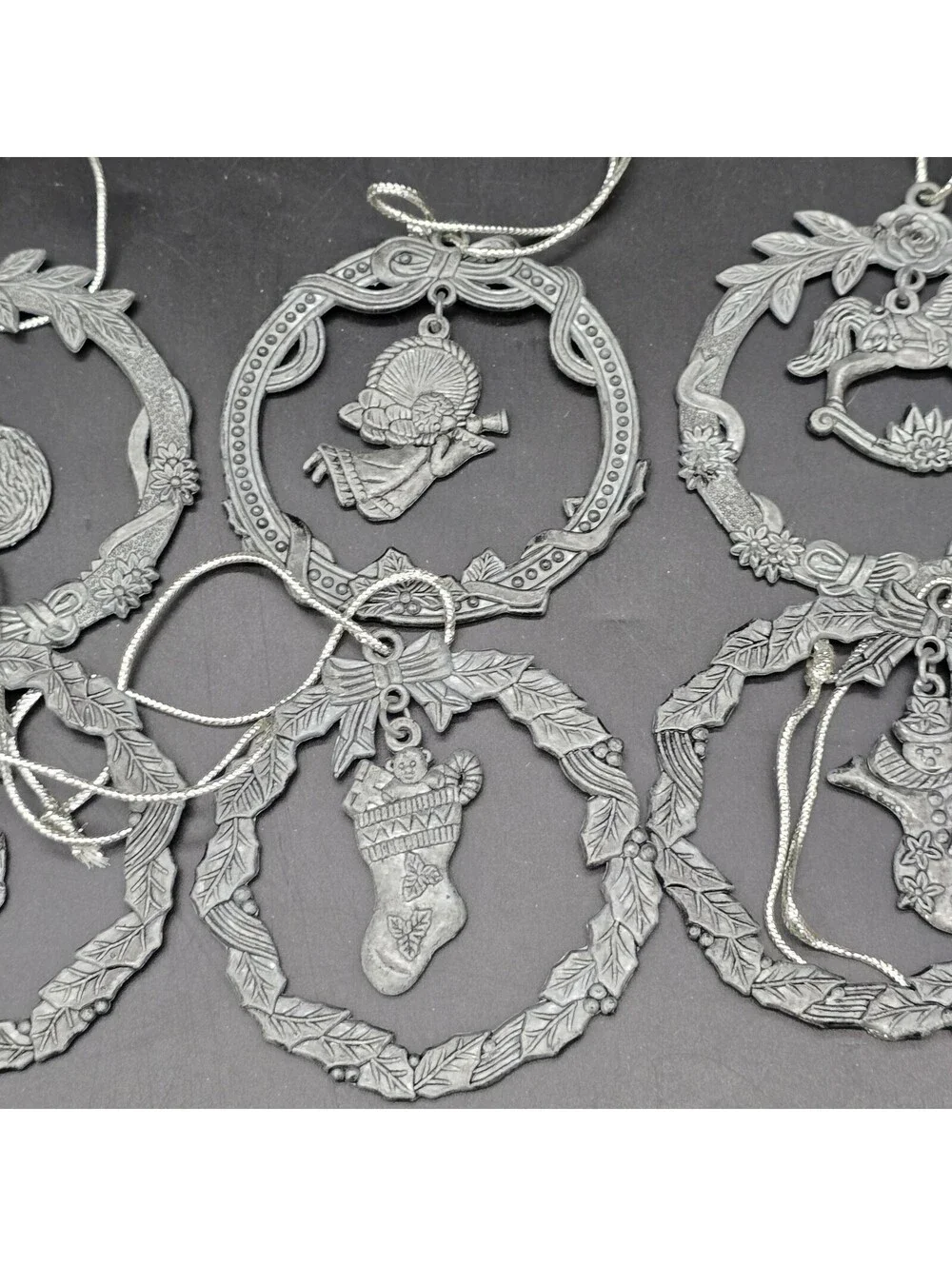 Vintage Christmas Pewter Ornaments Set of 6 Wreath Angel Rocking Horse Cat Box